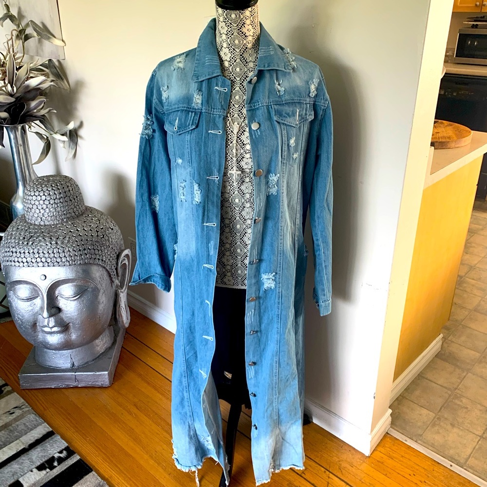 Long stressed denim coat
